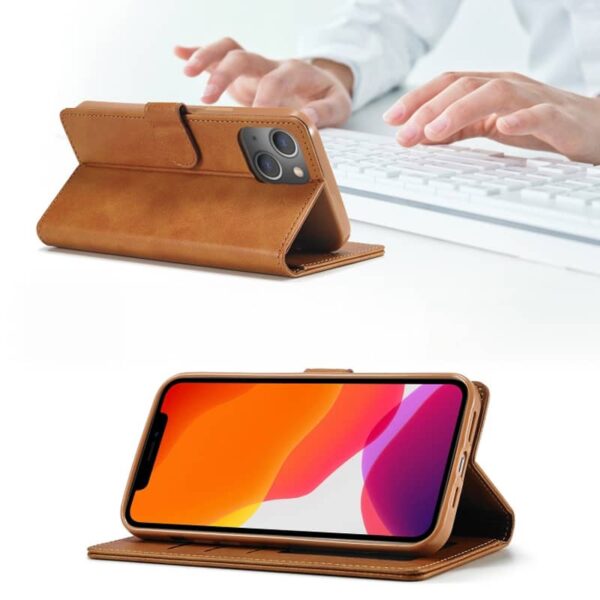 iPhone 14 - LC.IMEEKE Wallet Etui mit 3 Kartenfächern & Magnetverschluss, hellbraun/orange – Bild 5