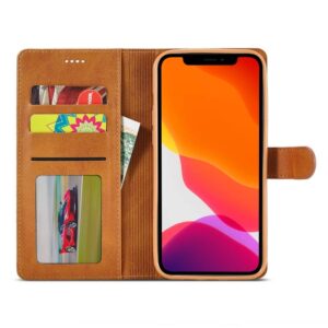 iPhone 14 Plus - Etui portefeuille LC.IMEEKE avec 3 compartiments pour cartes & fermeture magnétique, marron clair/orange