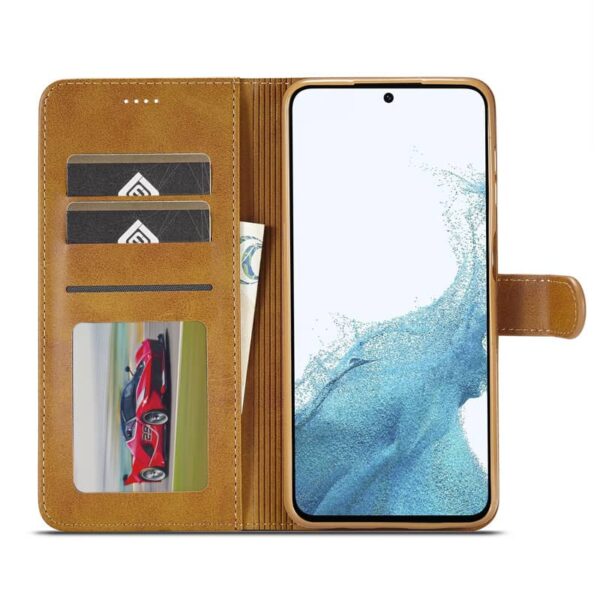 Samsung Galaxy S20 FE 4G / 5G - LC.IMEEKE Custodia a portafoglio con 3 scomparti per carte e chiusura magnetica, marrone chiaro/arancione - immagine 4