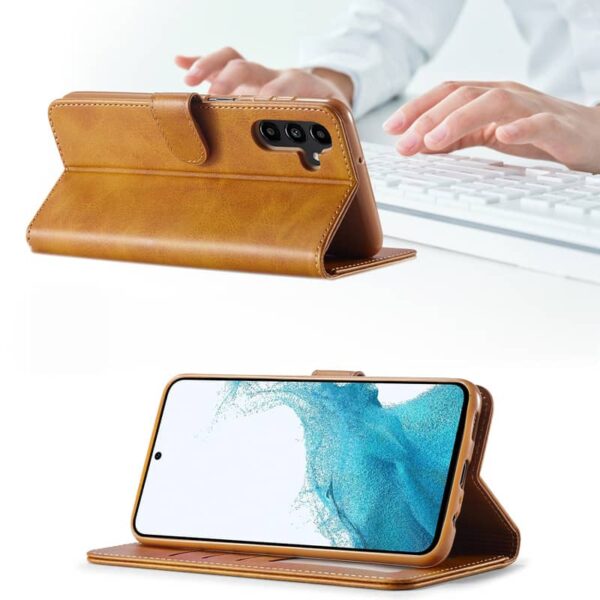 Samsung Galaxy S20 FE 4G / 5G - LC.IMEEKE Custodia a portafoglio con 3 scomparti per carte e chiusura magnetica, marrone chiaro/arancione - immagine 5