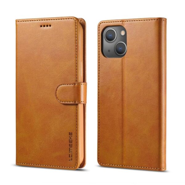 iPhone 13 Mini - LC.IMEEKE Etui portefeuille avec 2 compartiments pour cartes & fermeture magnétique, marron clair/orange