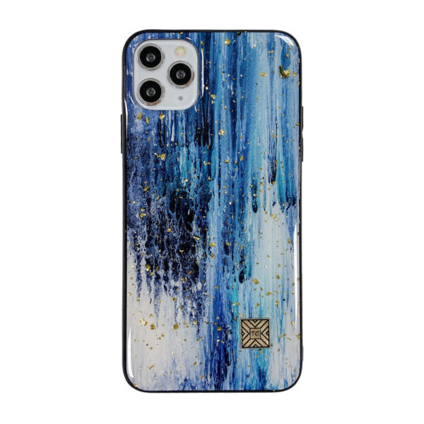 iPhone 14 Plus - Custodia Premium Ocean Glow con design astratto blu e bianco e inserti dorati, TC Case D76