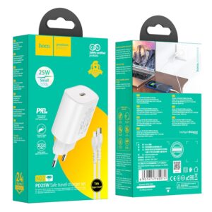 Hoco - PD25W Kit chargeur avec câble Lightning-type-C, compatible avec iPhone, blanc