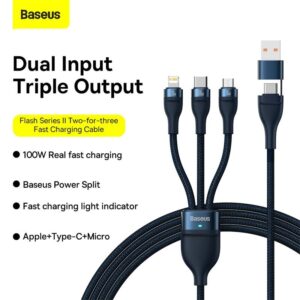 Baseus - Flash Serie Ⅱ - 2-in-1 Ladekabel U+C auf M+L+C, 100W 1.2m, Blau (CASS030103)