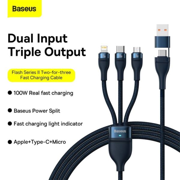 Baseus - Flash series Ⅱ - 2-in-1 charging cable U+C to M+L+C, 100W 1.2m, blue (CASS030103) - Image 4