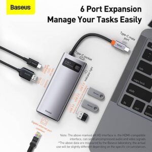 Baseus - Serie Metal Gleam - Docking station HUB Type-C multifunzione 6 in 1, grigio (CAHUB-CW0G)