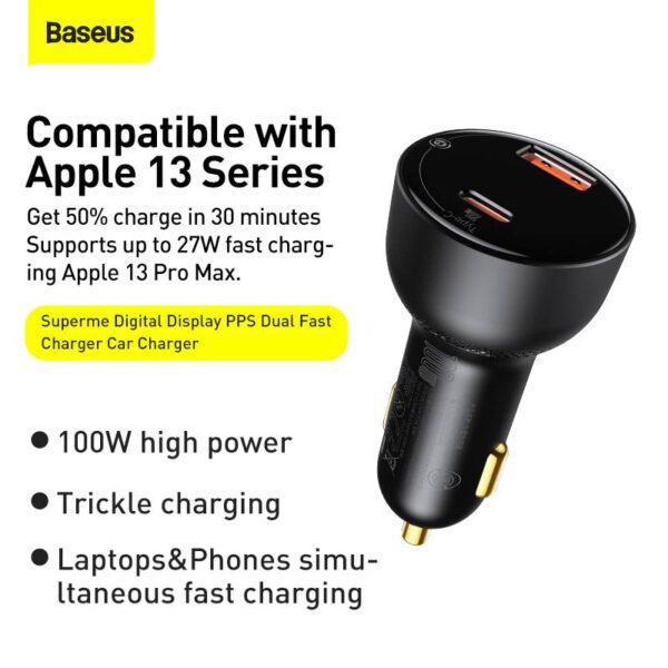 Baseus - Superme - Car charger with digital display, black (CCZX-01) - Image 3