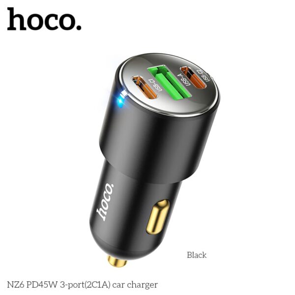 Hoco NZ6 PD 45W Chargeur de voiture à 3 ports (2x USB-C / 1x USB-A), noir