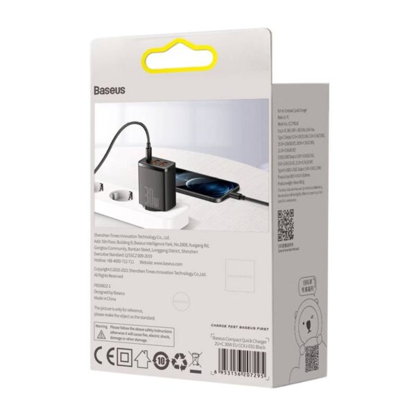 Baseus - Caricabatterie rapido compatto 2U+C, 30W EU, nero (CCXJ-E01) - immagine 3