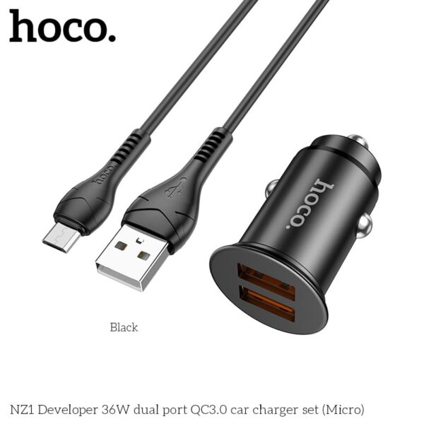 Hoco NZ1 Developer 36W Dual Port QC3.0 Car Charger Set (Micro-USB to USB), black