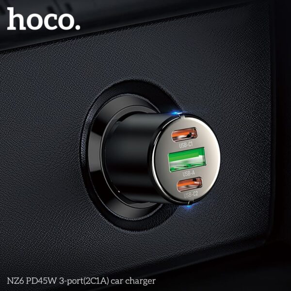 Hoco NZ6 PD 45W Chargeur de voiture à 3 ports (2x USB-C / 1x USB-A), noir – Image 7