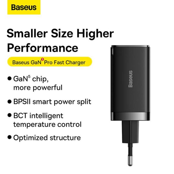 Baseus - GaN5 Pro - Caricabatterie rapido 2C+U, 65W EU, nero (CCGP120201) - immagine 4