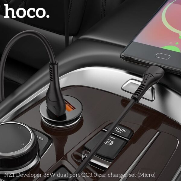 Hoco NZ1 Developer 36W Dual Port QC3.0 Car Charger Set (Micro-USB to USB), nero - immagine 4