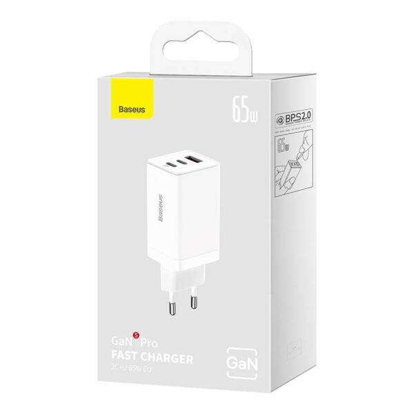 Baseus - GaN5 Pro - Caricabatterie rapido 2C+U, 65W EU, bianco (CCGP120202) - immagine 2