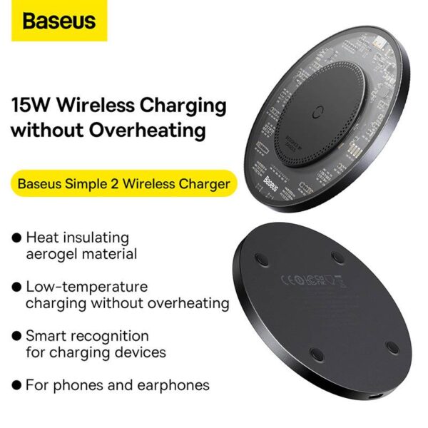 Baseus - Simple 2 - Caricabatterie wireless, 15W, nero (CCJJ050001) - immagine 2