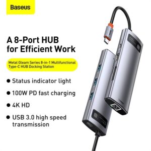 Baseus - Metal Gleam Series - 8-in-1 Multifunction Type-C HUB Docking Station, Gray (CAHUB-CV0G)