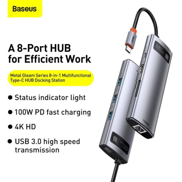 Baseus - Serie Metal Gleam - Docking station HUB Type-C multifunzione 8 in 1, grigio (CAHUB-CV0G) - immagine 4