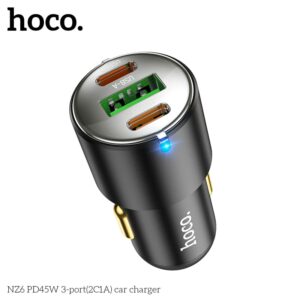 Hoco NZ6 PD 45W Caricabatterie per auto a 3 porte (2x USB-C / 1x USB-A), nero