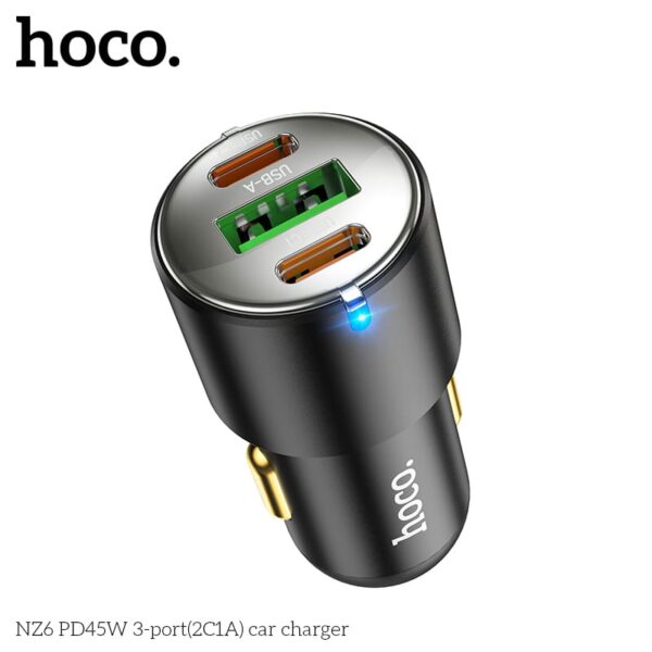 Hoco NZ6 PD 45W Chargeur de voiture à 3 ports (2x USB-C / 1x USB-A), noir – Image 3