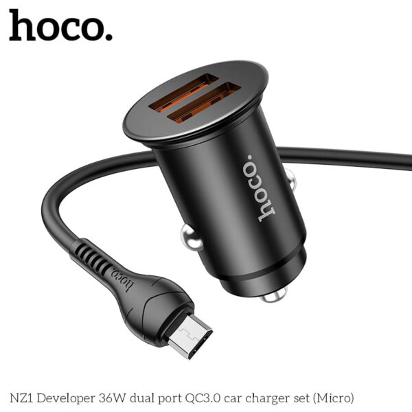 Hoco NZ1 Developer 36W Dual Port QC3.0 Kit chargeur voiture (micro-USB vers USB), noir – Image 3