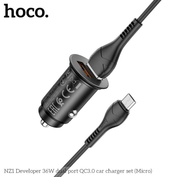 Hoco NZ1 Developer 36W Dual Port QC3.0 Kit chargeur voiture (micro-USB vers USB), noir – Image 2