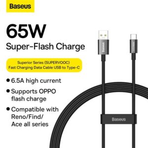 Baseus - Serie Superior (SUPERVOOC) - Cavo di ricarica rapida da USB a Tipo-C, 65W 1m, nero (CAYS000901)