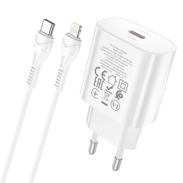 Hoco - Set di caricabatterie PD25W con cavo Lightning-to-Type-C, compatibile con iPhone, bianco - immagine 2