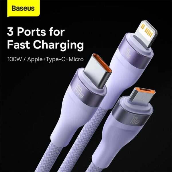 Baseus - Flash Series Ⅱ - 2-in-1 charging cable U+C to M+L+C, 100W 1.2m, Purple (CASS030105) - Image 5