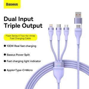 Baseus - Flash Series Ⅱ - 2-in-1 charging cable U+C to M+L+C, 100W 1.2m, Purple (CASS030105)