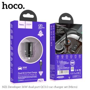 Hoco NZ1 Developer 36W Dual Port QC3.0 Car Charger Set (Micro-USB to USB), nero