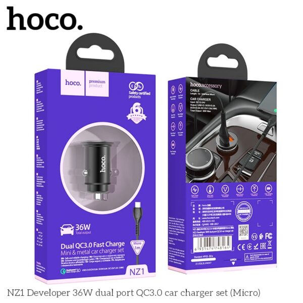 Hoco NZ1 Developer 36W Dual Port QC3.0 Car Charger Set (Micro-USB to USB), nero - immagine 6