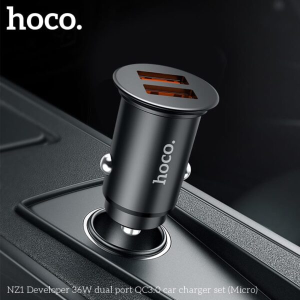 Hoco NZ1 Developer 36W Dual Port QC3.0 Kit chargeur voiture (micro-USB vers USB), noir – Image 5