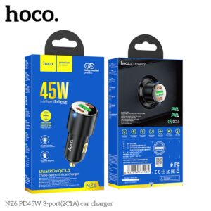 Hoco NZ6 PD 45W Chargeur de voiture à 3 ports (2x USB-C / 1x USB-A), noir