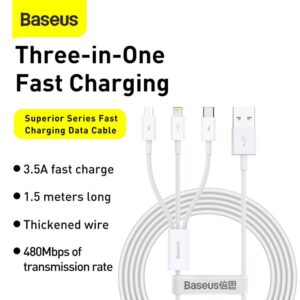 Baseus - Serie Superior - Cavo di ricarica rapida USB a M+L+C, 3,5A 1,5m, bianco (CAMLTYS-02)