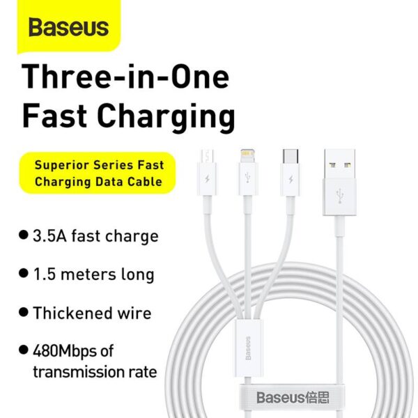 Baseus - Superior Serie - Câble de recharge rapide USB vers M+L+C, 3.5A 1.5m, Blanc (CAMLTYS-02) – Image 3