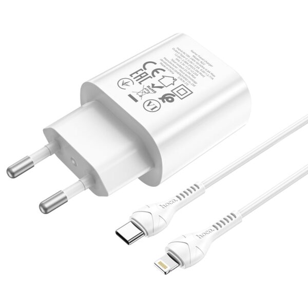 Hoco - Set di caricabatterie PD25W con cavo Lightning-to-Type-C, compatibile con iPhone, bianco - immagine 3