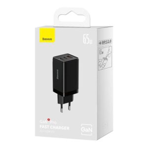 Baseus - GaN5 Pro - Chargeur rapide 2C+U, 65W EU, Noir (CCGP120201)