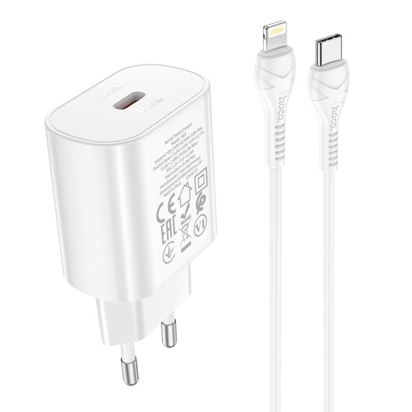 Hoco - PD25W Kit chargeur avec câble Lightning-type-C, compatible avec iPhone, blanc