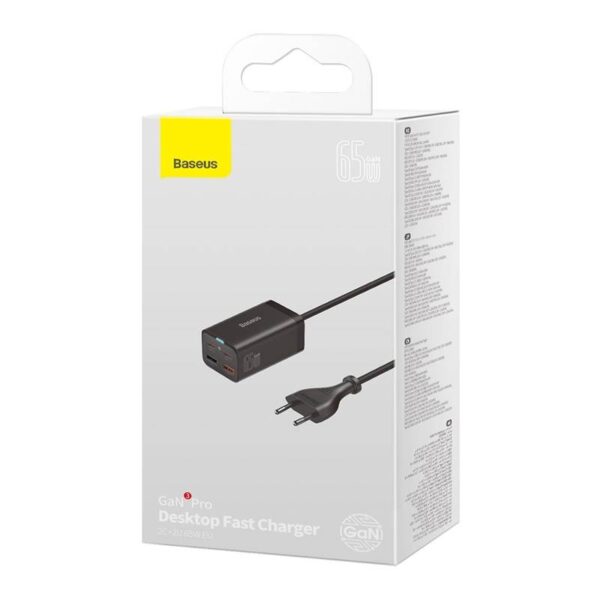 Baseus - GaN3 Pro - Chargeur rapide de bureau 2C+2U, 65W EU, noir (CCGP040101) – Image 2