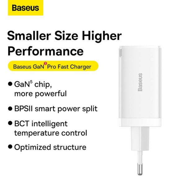 Baseus - GaN5 Pro - Caricabatterie rapido 2C+U, 65W EU, bianco (CCGP120202) - immagine 4