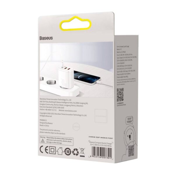 Baseus - Compact - Chargeur rapide 2U+C, 30W EU, Blanc (CCXJ-E02) – Image 3