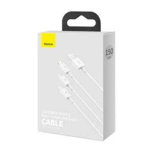 Baseus - Superior Serie - Câble de recharge rapide USB vers M+L+C, 3.5A 1.5m, Blanc (CAMLTYS-02)