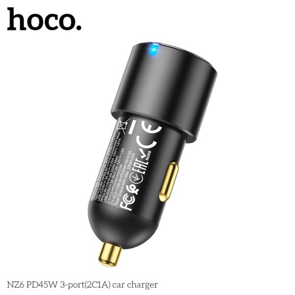 Hoco NZ6 PD 45W 3-Port Auto Ladegerät (2x USB-C / 1x USB-A), Schwarz – Bild 6