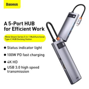 Baseus - Serie Metal Gleam - Docking station HUB Type-C multifunzione 5 in 1, grigio (CAHUB-CX0G)