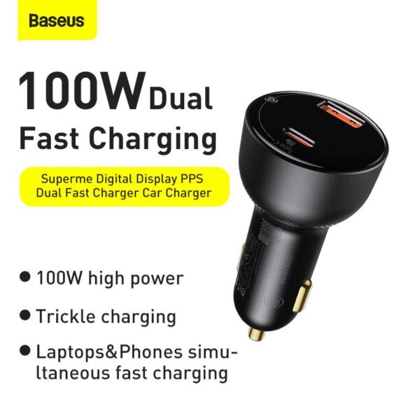 Baseus - Superme - Chargeur de voiture avec affichage numérique & câble de charge rapide, noir (TZCCZX-01) – Image 4