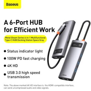 Baseus - Serie Metal Gleam - Docking station HUB Type-C multifunzione 6 in 1, grigio (CAHUB-CW0G)