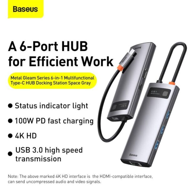 Baseus - Serie Metal Gleam - Docking station HUB Type-C multifunzione 6 in 1, grigio (CAHUB-CW0G) - immagine 4