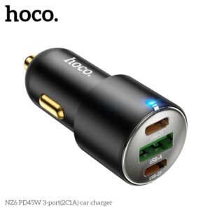 Hoco NZ6 PD 45W Caricabatterie per auto a 3 porte (2x USB-C / 1x USB-A), nero