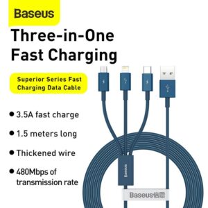 Baseus - Superior Serie - Câble de recharge rapide USB vers M+L+C, 3.5A 1.5m, bleu (CAMLTYS-03)