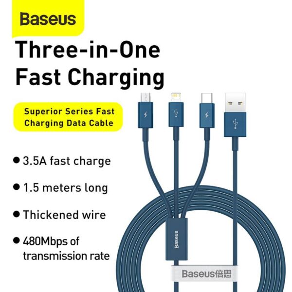 Baseus - Superior Serie - Câble de recharge rapide USB vers M+L+C, 3.5A 1.5m, bleu (CAMLTYS-03) – Image 3